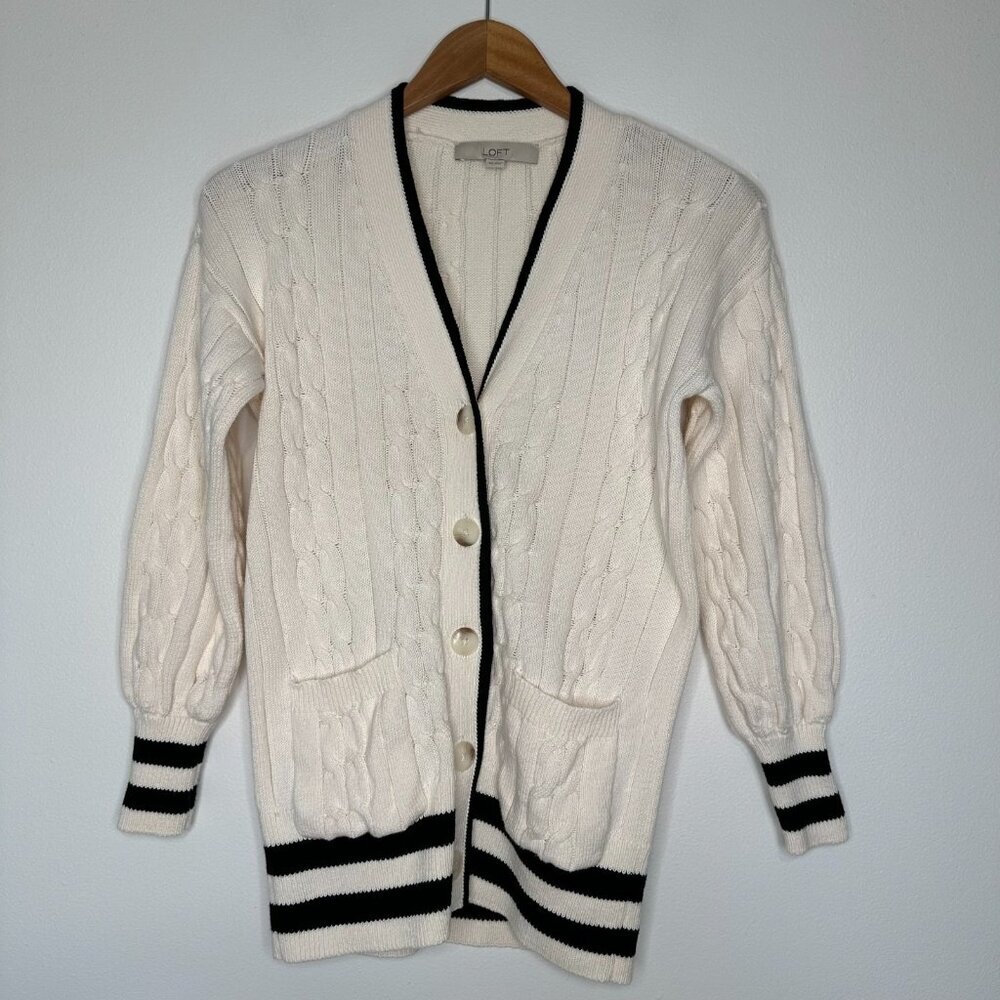 Loft Cable knit Cardigan Sweater Size XS Cream Black